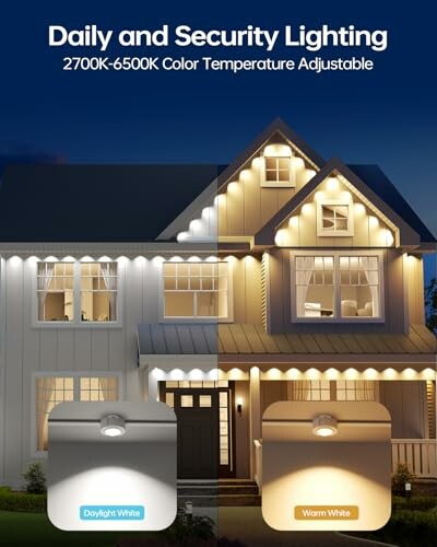 Comparison of daylight white and warm white lighting on a house exterior.