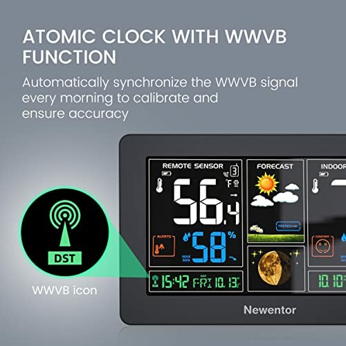 Atomic clock with WWVB function and digital display features.