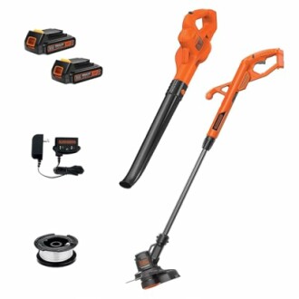 Cordless leaf blower and string trimmer set with batteries and charger.