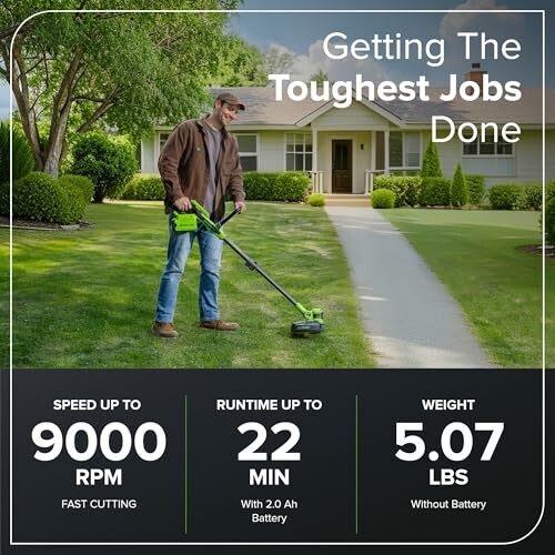Man using cordless lawn trimmer in front yard with product features listed.
