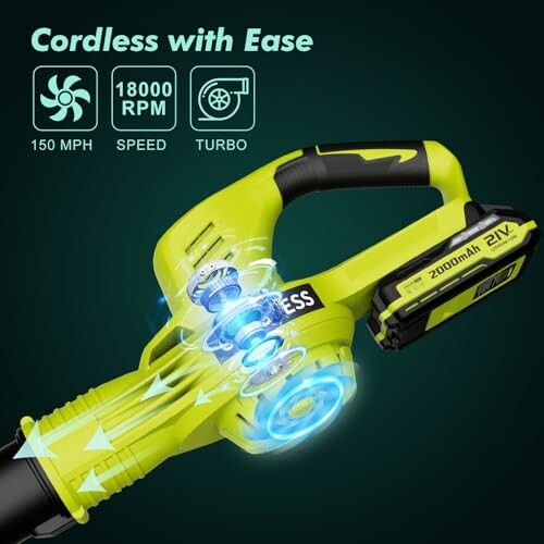 Cordless leaf blower with 18000 RPM and 150 MPH speed.