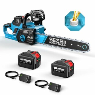 Electric chainsaw kit with batteries and charger.