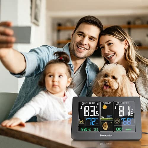 Family with a weather station device and a dog.