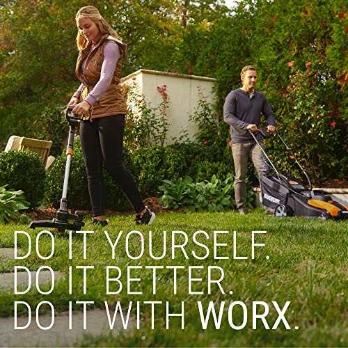 Man and woman using WORX garden tools in yard