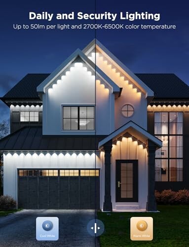 House with split lighting comparison: cool white and warm white