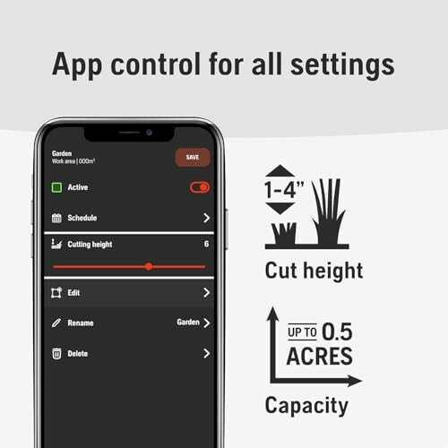Lawn mower app control interface showing settings for cutting height and capacity.