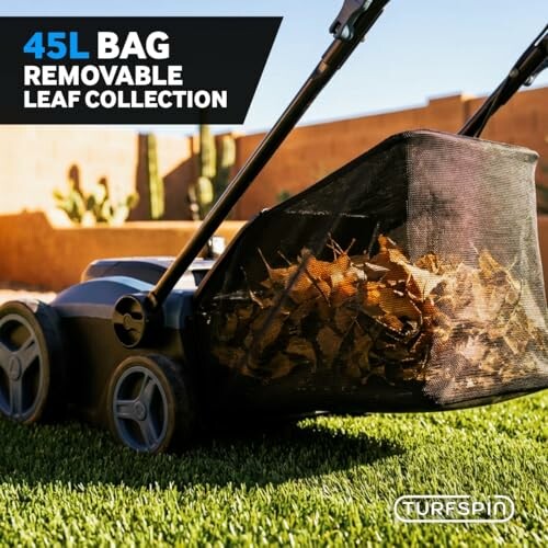 Lawn mower with removable 45L leaf collection bag.