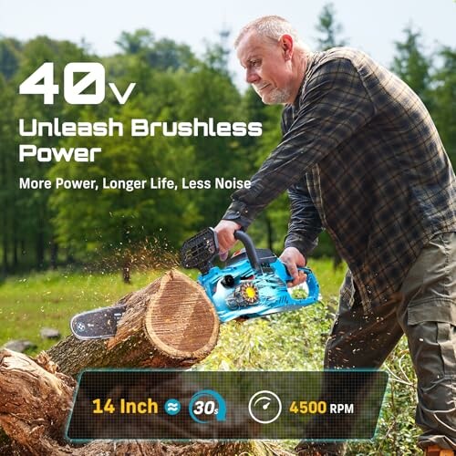 Man using a cordless chainsaw to cut a log outdoors.