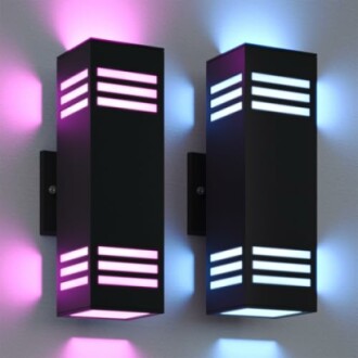 Two modern wall lights with colorful LED glow