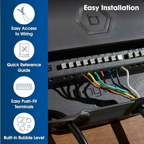 Wire box with easy installation features including wiring access, reference guide, push-fit terminals, and bubble level.