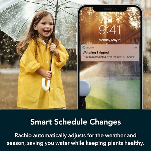 Child in raincoat with phone showing Rachio watering notification.