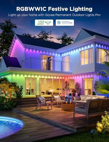 House with RGBWWIC festive lighting and outdoor decor