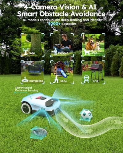 Robot lawn mower demonstrating smart obstacle avoidance with AI, detecting tree, people, pet, trampoline, slide, and grill.