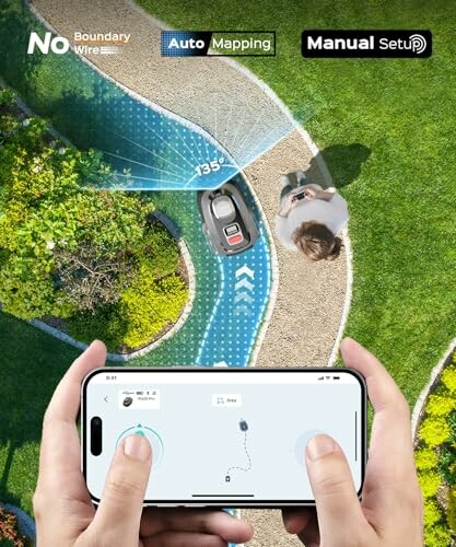 Person controlling robotic lawn mower with a smartphone app, showing no boundary wire and auto mapping.