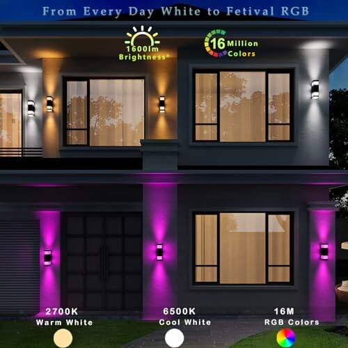 House exterior with smart lighting in warm white, cool white, and RGB colors.