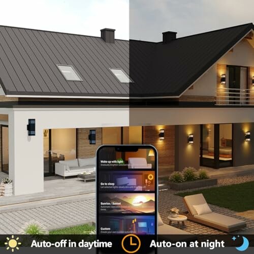 House with smart lighting control, showing day and night modes.