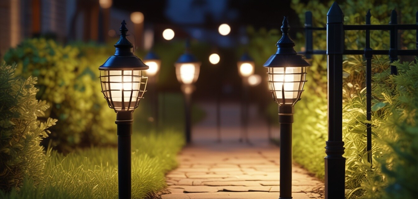 Solar garden lights illuminating pathway