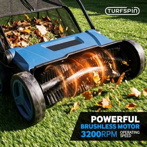 Lawn sweeper with powerful brushless motor collecting leaves on grass.
