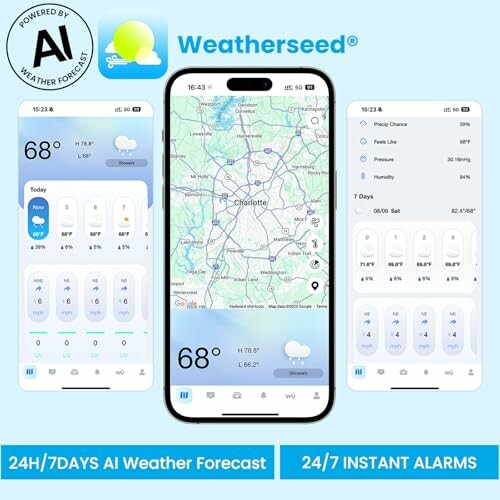 Weather app interface showing forecast and map.