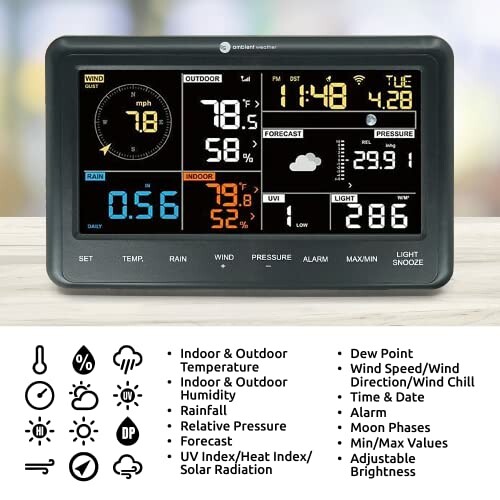 Digital weather station with indoor and outdoor data including temperature, humidity, wind, forecast, and time.