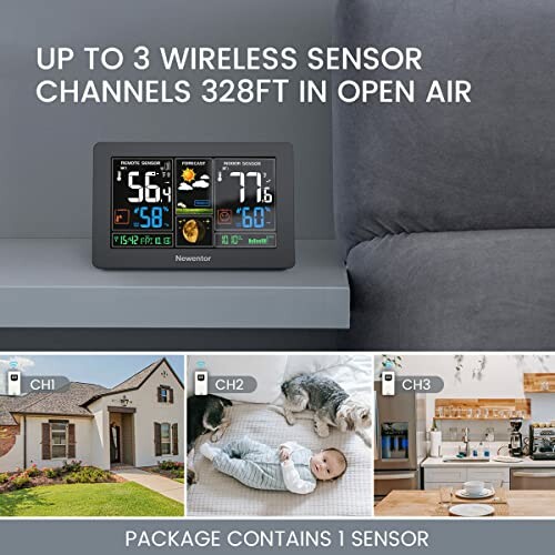Wireless sensor display showing temperature and humidity with three channel options.